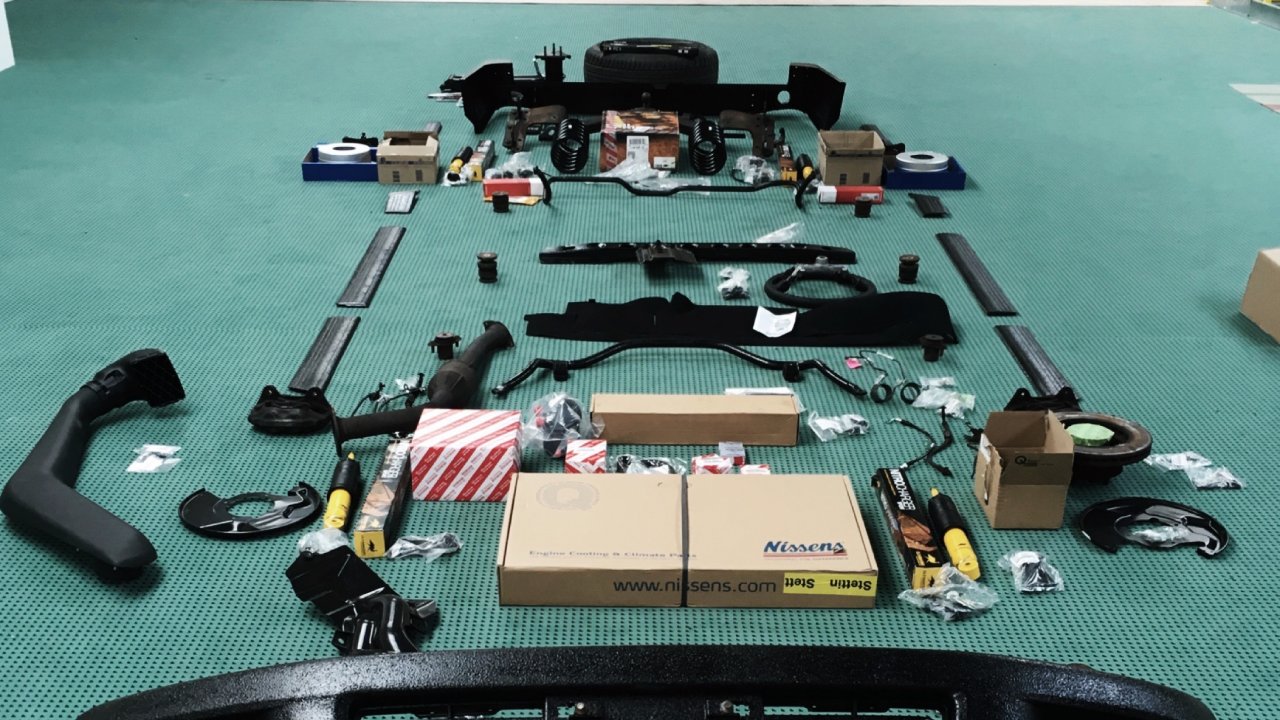Toyota Land Cruiser 100 Service, Maintenance and Spare Parts laid out on the floor. Ready for the DIY installation.